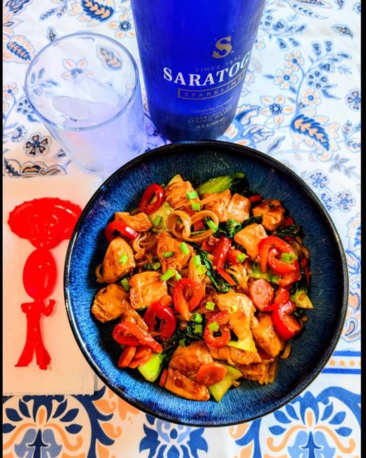 Thai drunken noodles with chicken, red chilli and bok choy